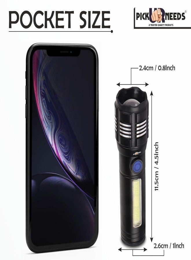 Pick Ur Needs Rechargeable Mini Pocket Torch with High Brightness 3 Type Light + Side COB LED Light Zoom-in and Zoom Out Adjustable Focus Emergency Torch - Image 3